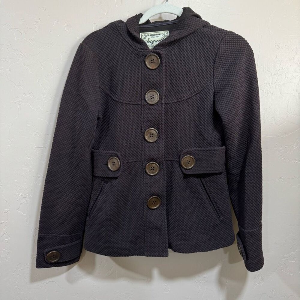Sugarfly Pea Coat Woman’s Jacket Size M With Hood Waffle Knit Dark Purple